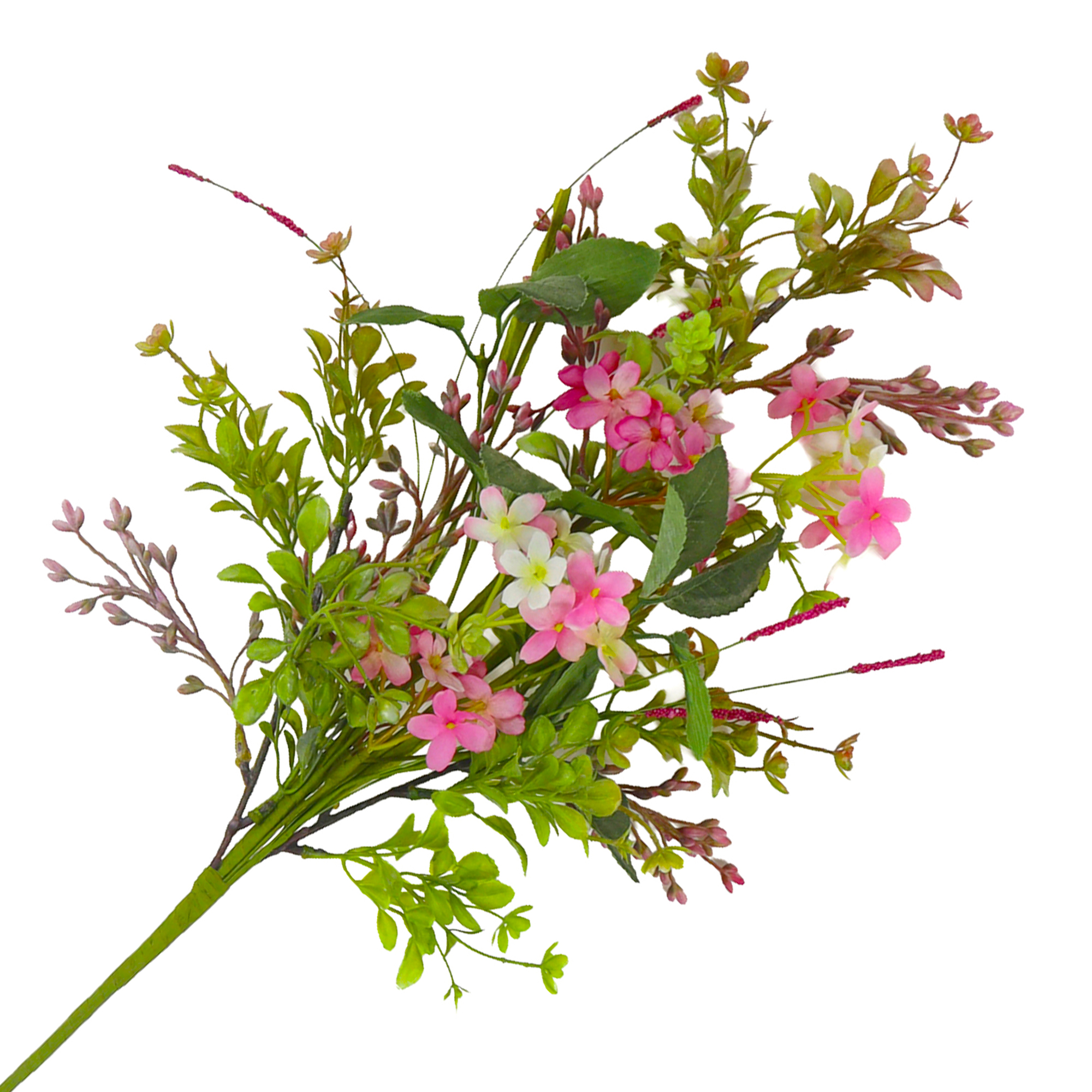 FLORAL SPRAY 24" PINK/WHITE PHLOX, BABY'S BREATH W/BOXWOOD GREENERY & DARK OVATE LEAVES