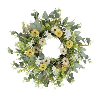 WREATH GERBERA 22" YELLOW/WHITE FIELD DAISY W/DUSTY EUCALYPTUS & TEXTURED ACACIA FOLIAGE