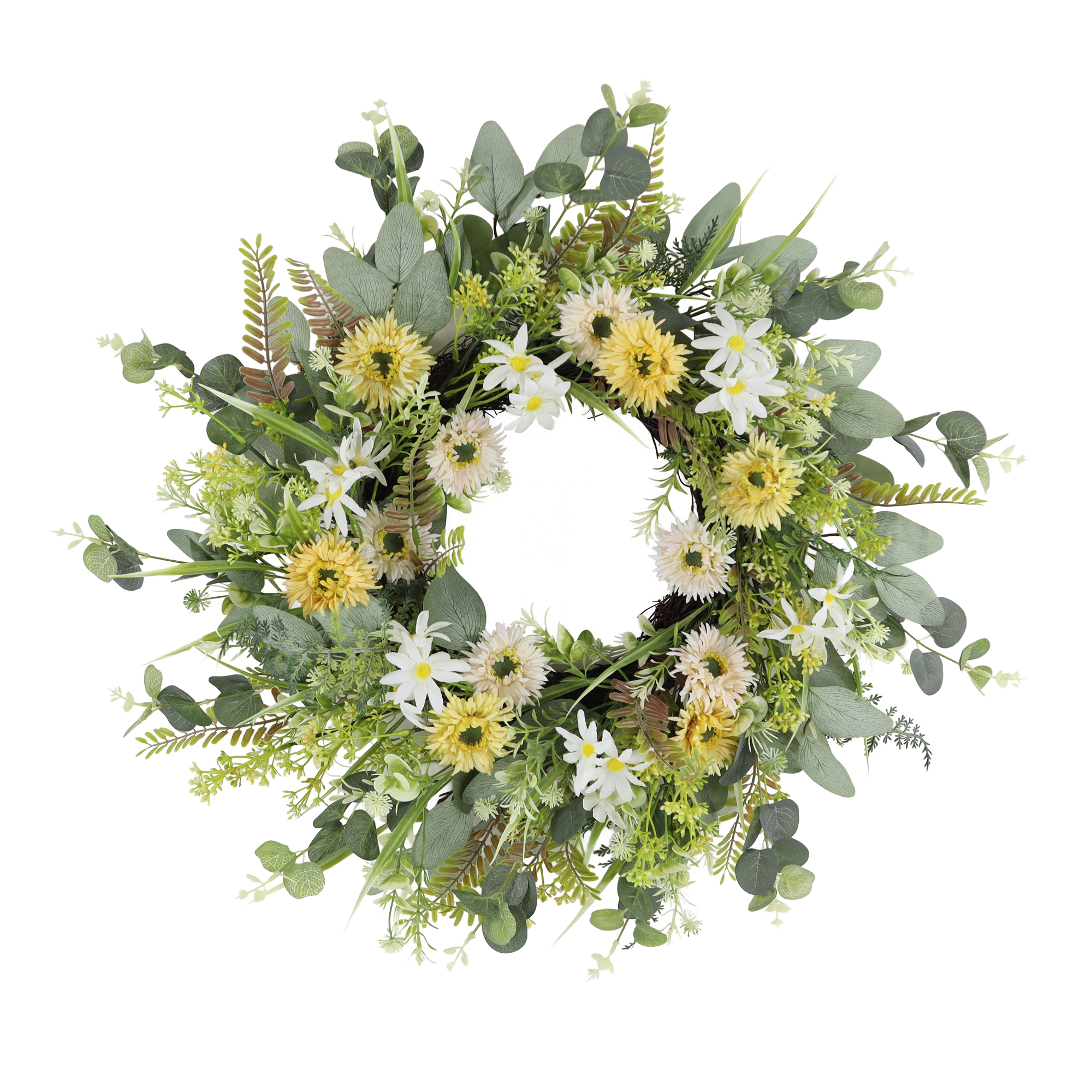 WREATH GERBERA 22" YELLOW/WHITE FIELD DAISY W/DUSTY EUCALYPTUS & TEXTURED ACACIA FOLIAGE
