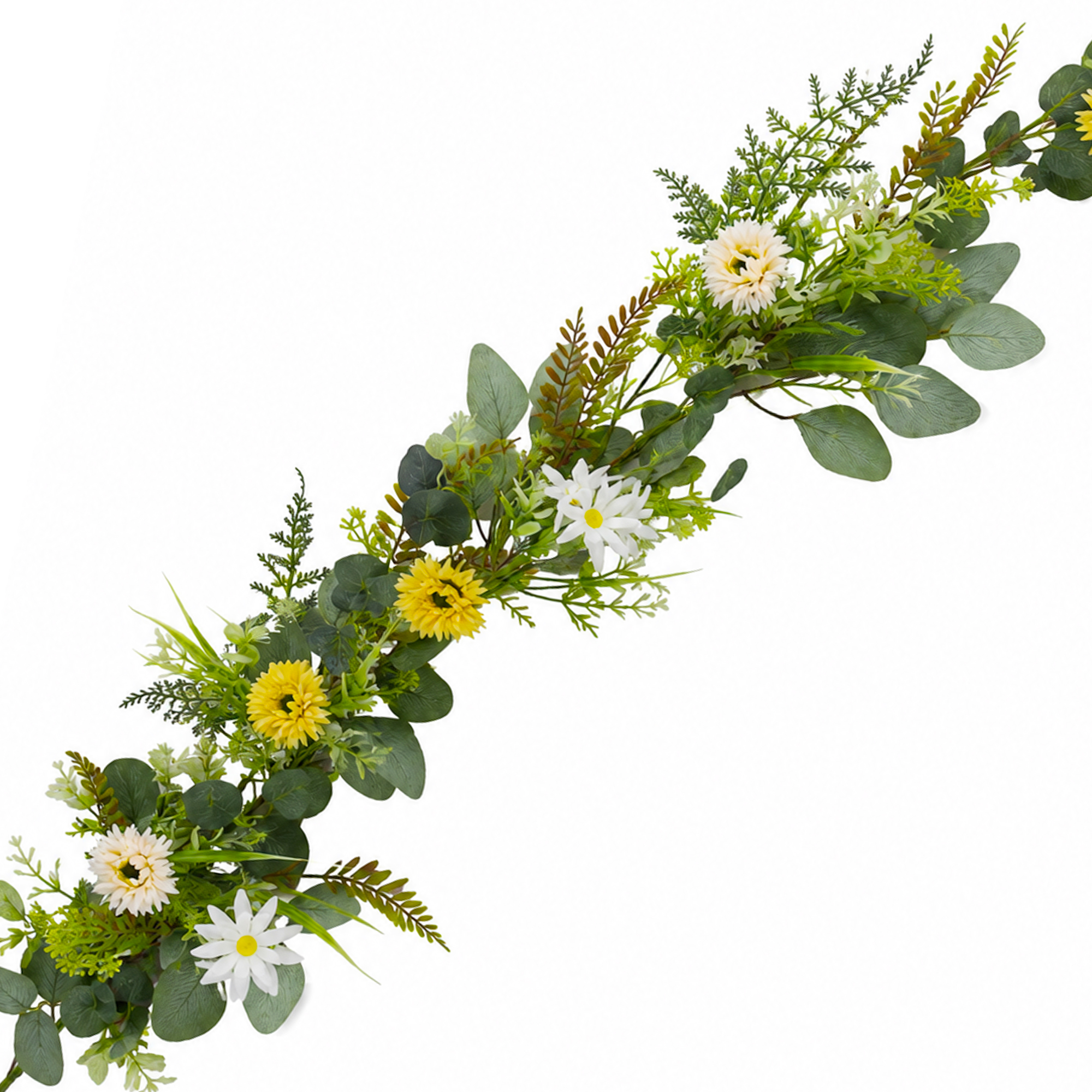 GARLAND 5' YELLOW/WHITE GERBERA, FIELD DAISY W/DUSTY EUCALYPTUS & TEXTURED ACACIA FOLIAGE