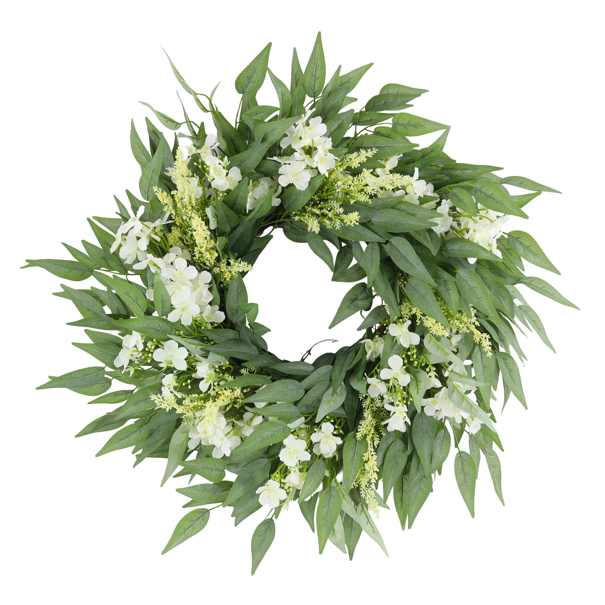 WREATH LILAC, PHLOX 24" WHITE GREEN W/TRAILING WILLOW LEAVES & TEXTURED HEATHER TIPS