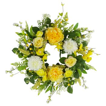 WREATH PEONY, DAHLIA, ROSE 22" YELLOW/WHITE W/ASTILBE SPIKES, FERN FRONDS & YELLOW BERRIES