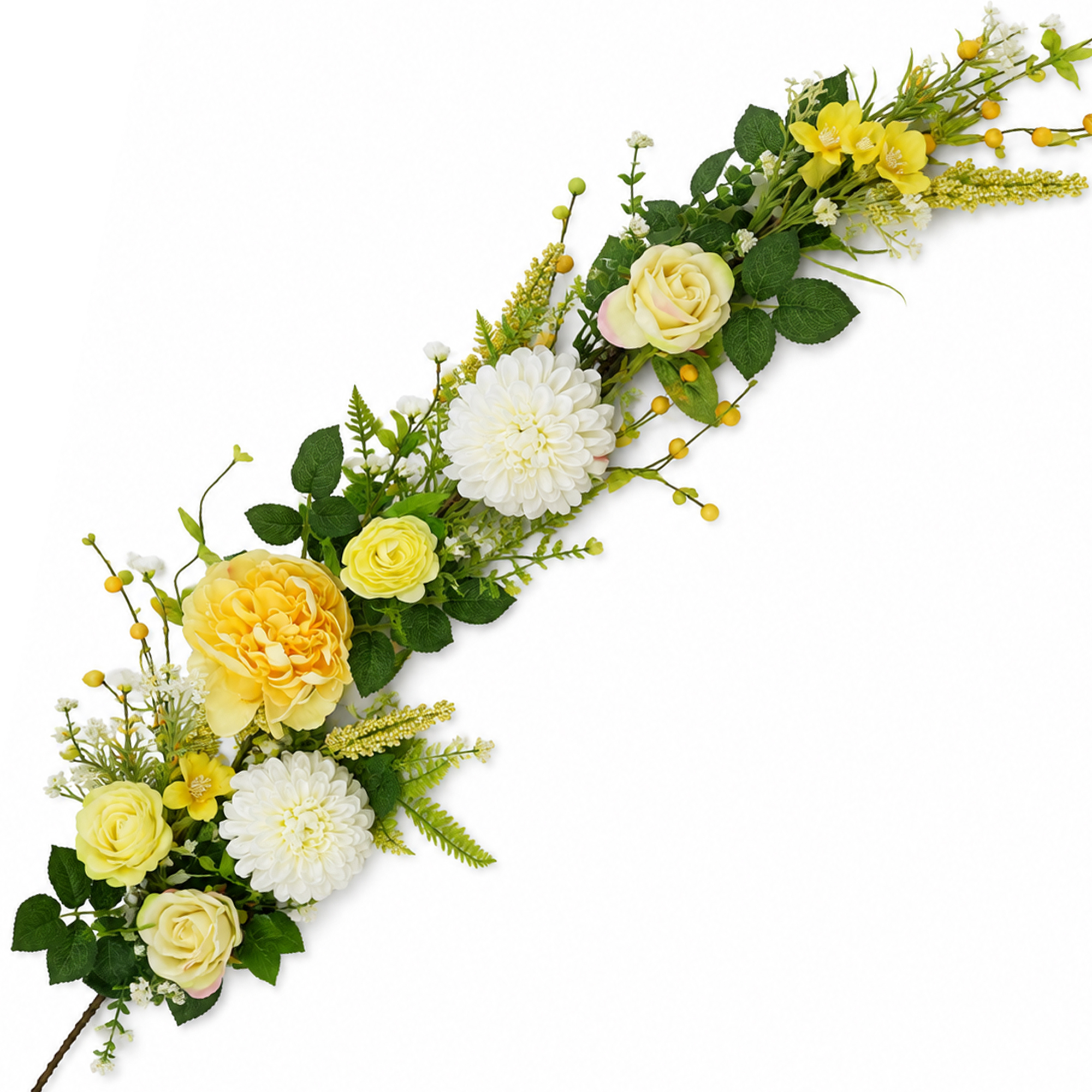 GARLAND 5" YELLOW/WHITE PEONY, DAHLIA, ROSE W/ASTILBE SPIKES, FERN FRONDS & YELLOW BERRIES