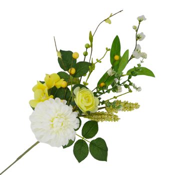 SPRAY DAHLIA, ROSE W/ASTILBE SPIKES, SMOOTH LEAVES & YELLOW BERRIES 26" YELLOW/WHITE