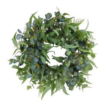 WREATH MIXED LEAVES 24" GREEN/SAGE GREEN WILLOW, EUCALYPTUS W/SEEDED PODS & FERN FRONDS