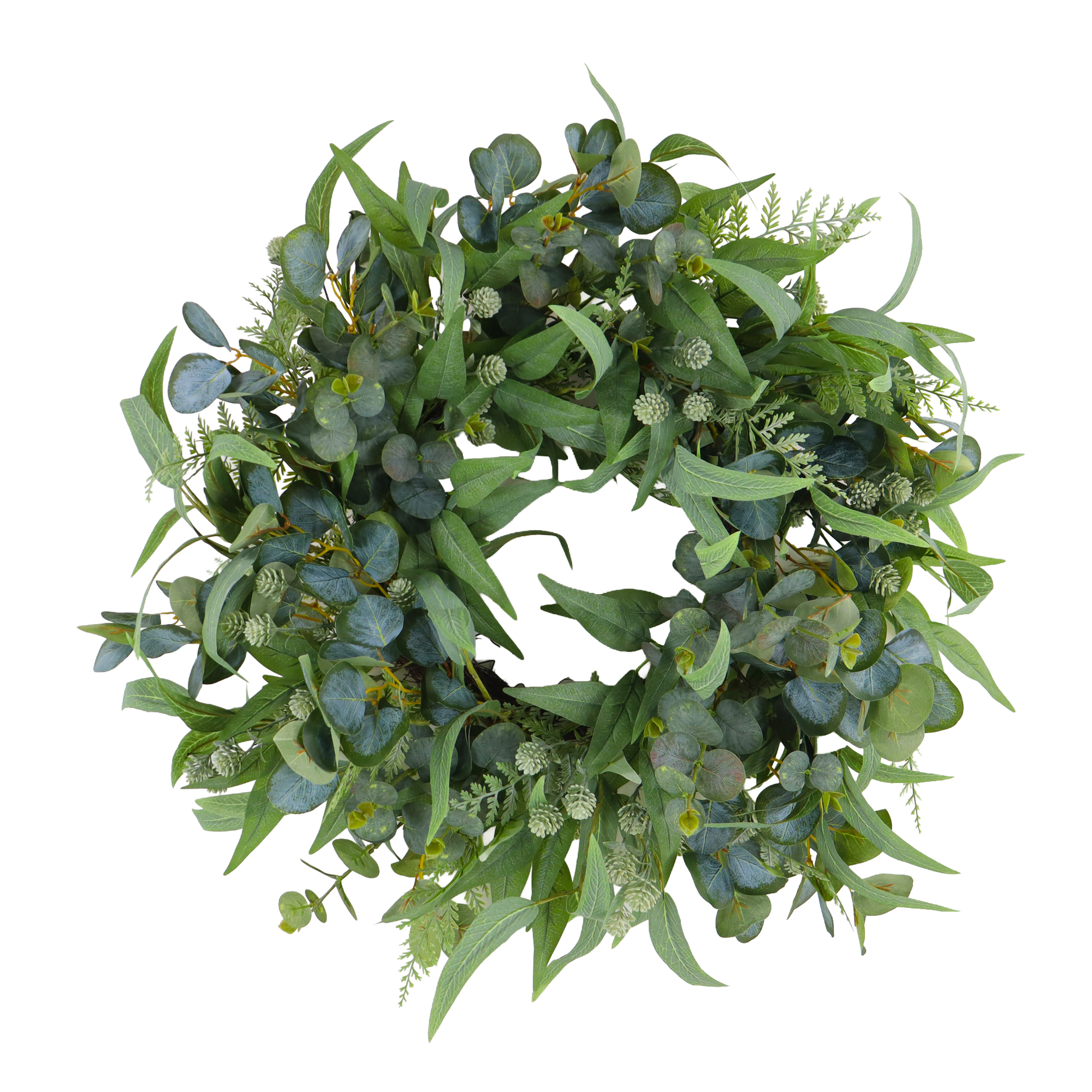 WREATH MIXED LEAVES 24" GREEN/SAGE GREEN WILLOW, EUCALYPTUS W/SEEDED PODS & FERN FRONDS