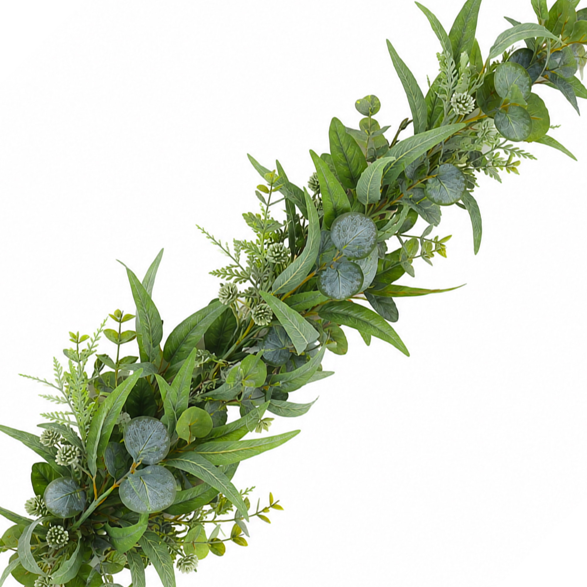 GARLAND MIXED LEAVES 5' GREEN. SAGE GREEEN SPRING WILLOW, EUCALYPTUS W/SEEDED PODS & FERN FRONDS
