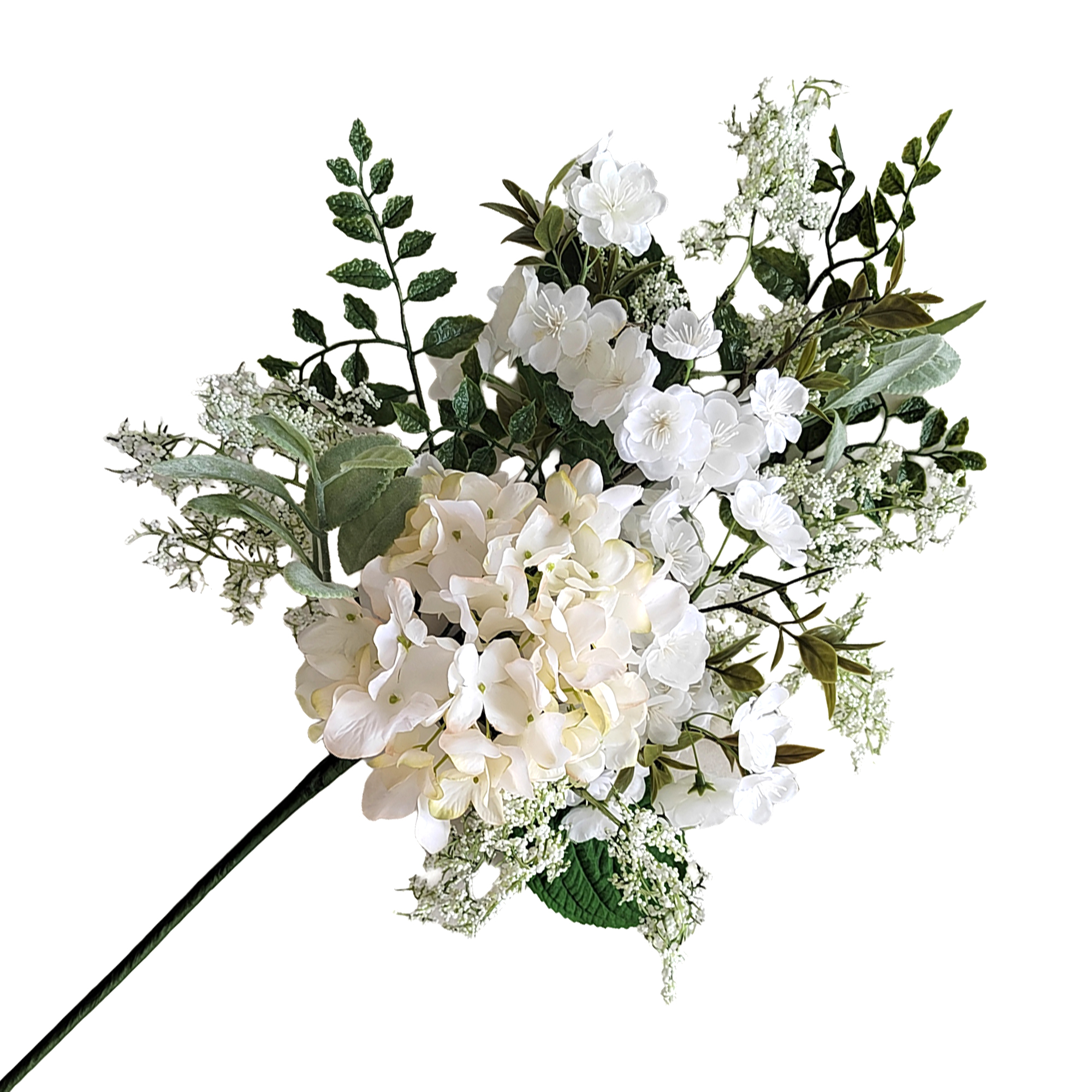 SPRAY HYDRANGEA & CHERRY BLOSSOM W/LACEY SPRIGS & BOXWOOD FOLIAGE 32" WHITE