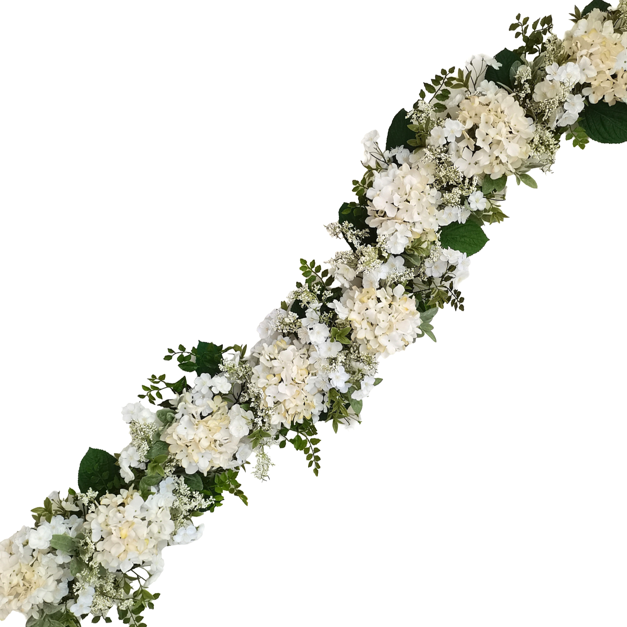 GARLAND HYDRANGEA 72" WHITE CHERRY BLOSSOM W/LACEY SPRIGS & BOXWOOD FOLIAGE