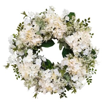 WREATH HYDRANGEA/CHERRY BLOSSOM 24" WHITE W/LACEY SPRIGS & BOXWOOD FOLIAGE