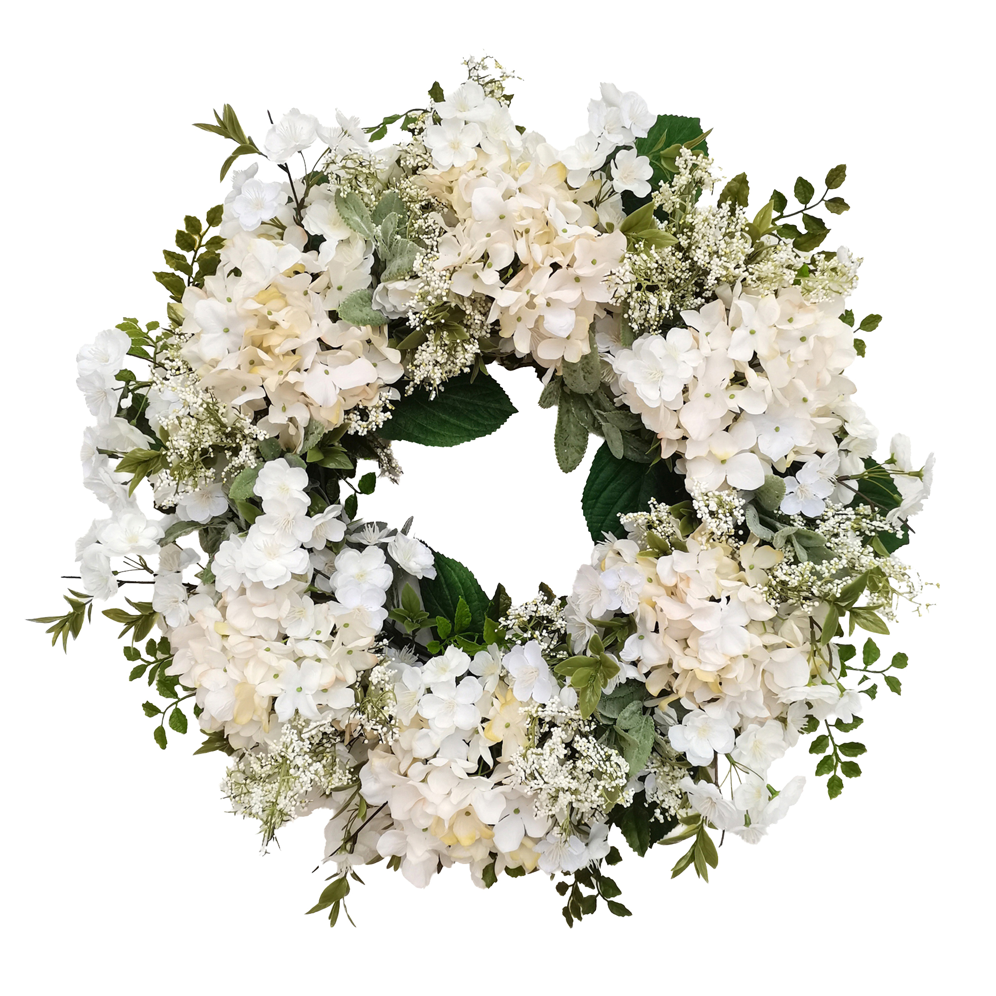 WREATH HYDRANGEA/CHERRY BLOSSOM 24" WHITE W/LACEY SPRIGS & BOXWOOD FOLIAGE