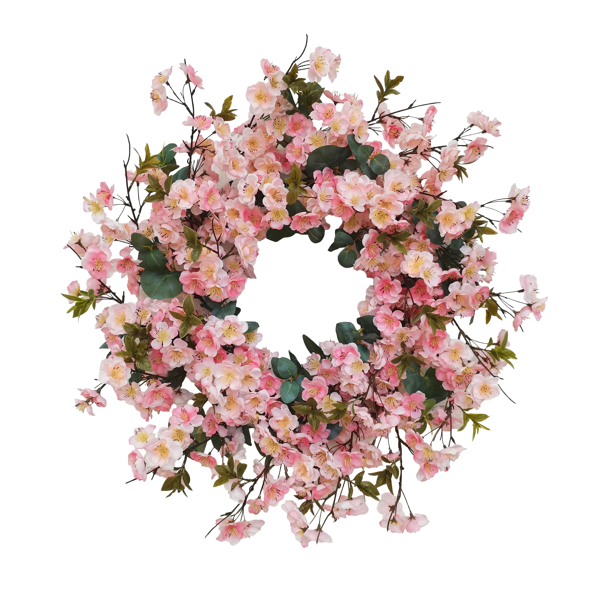 WREATH CHERRY BLOSSOM 24" PINK W/SILVER DOLLAR EUCALYPTUS & GREEN LEAFLETS