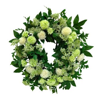 WREATH DAHLIA 24" GREEN/WHITE POM-POM BALL, LACEY SPRIGS W/PEONY & ELDERBERRY LEAVES