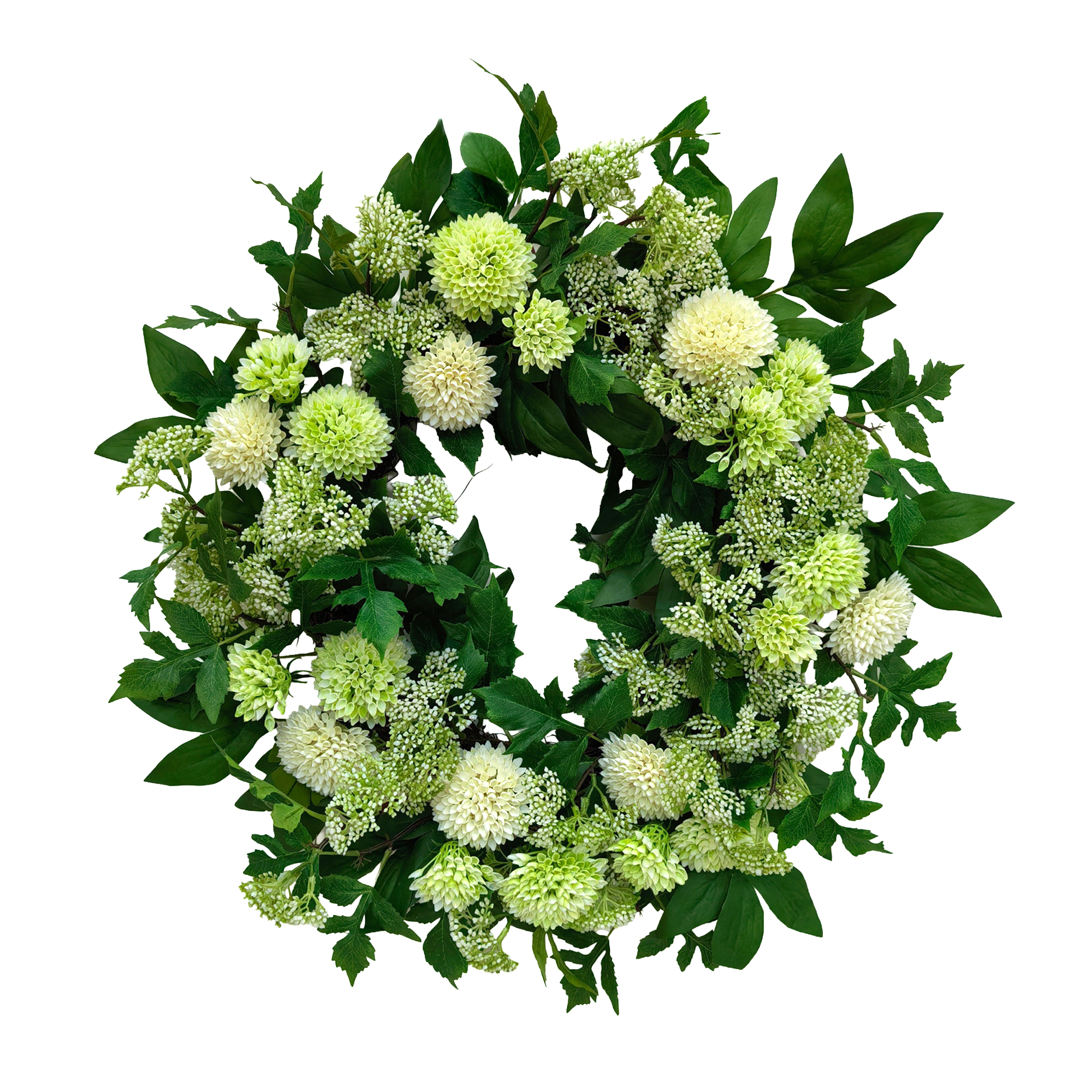WREATH DAHLIA 24" GREEN/WHITE POM-POM BALL, LACEY SPRIGS W/PEONY & ELDERBERRY LEAVES