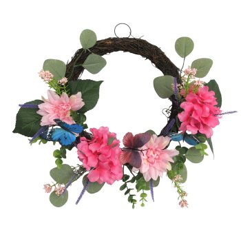 WREATH 18" DAHLIA, HYDRANGEA & EUCALYPTUS W/BUTTERFLIES TWO-TONE PINK ON VINE BASE