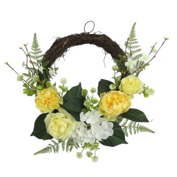 WREATH 18" ROSE, PEONY, HYDRANGEA & FERN YELLOW/WHITE ON VINE BASE