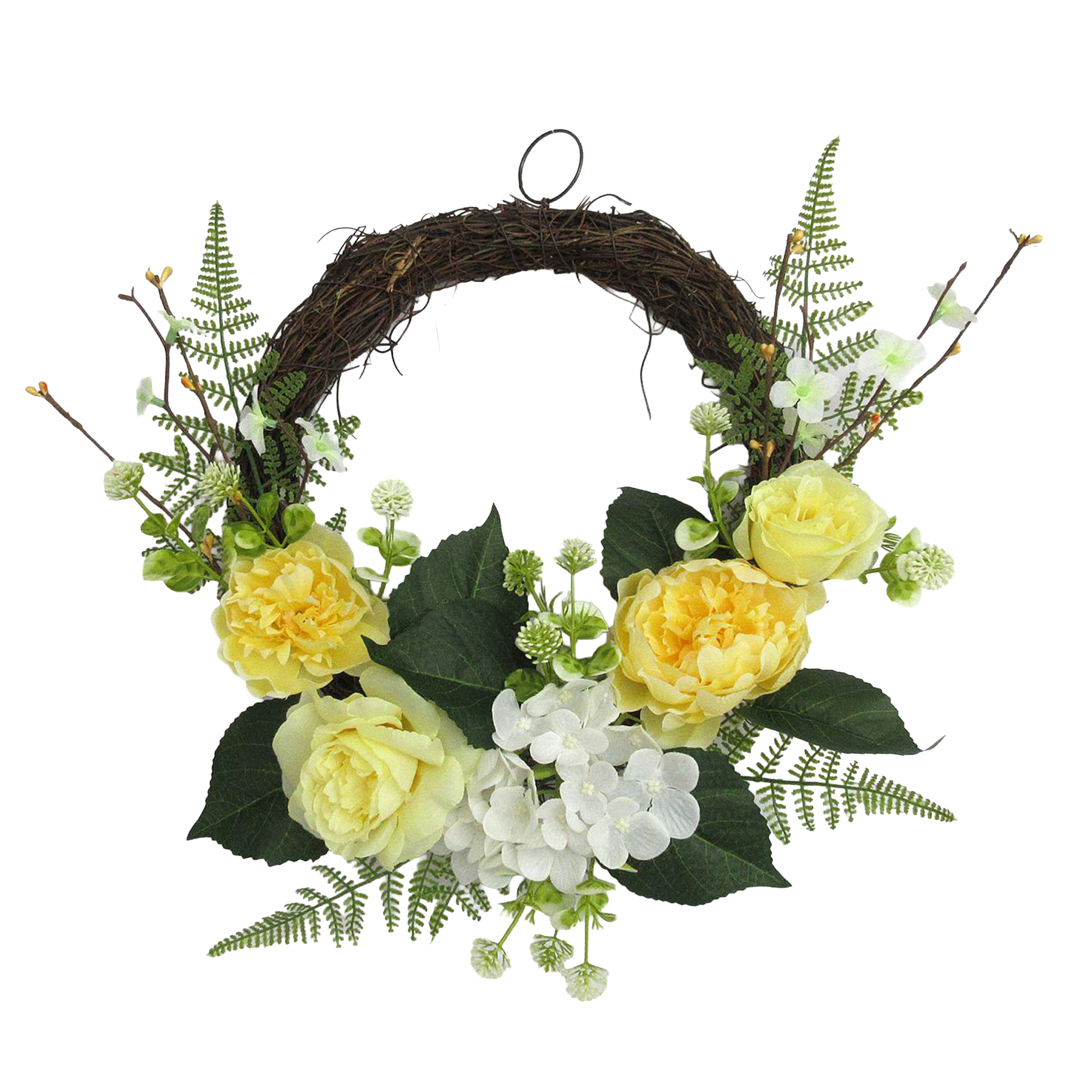 WREATH 18" ROSE, PEONY, HYDRANGEA & FERN YELLOW/WHITE ON VINE BASE