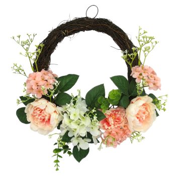 WREATH 18" PEONY, HYDRANGEA & SEEDING EUCALYPTUS PEACH/WHITE ON VINE BASE