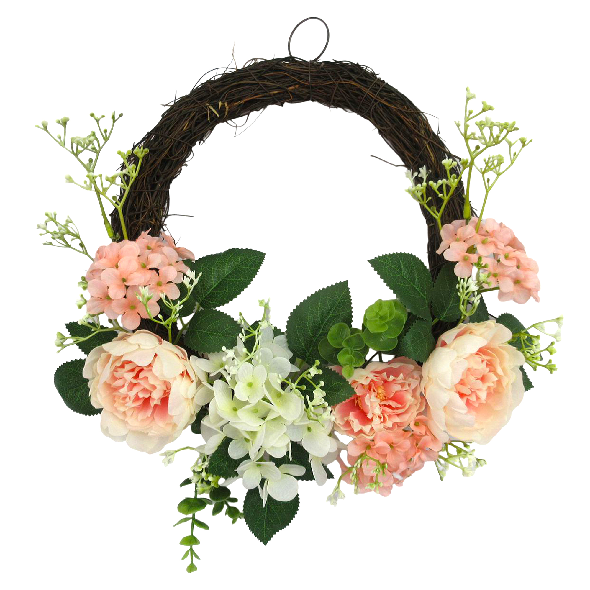 WREATH 18" PEONY, HYDRANGEA & SEEDING EUCALYPTUS PEACH/WHITE ON VINE BASE