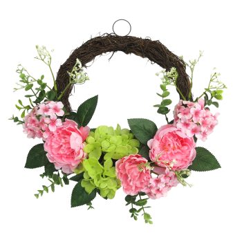 WREATH 18" PEONY, HYDRANGEA & EUCALYPTUS PINK/LIME GREEN ON VINE BASE