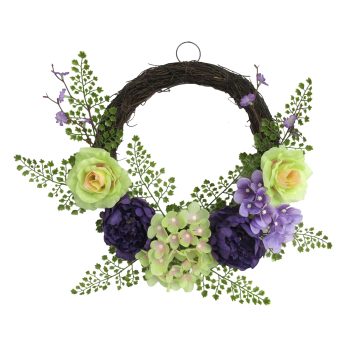 WREATH 18" PEONY, ROSE, HYDRANGEA & FERN PURPLE/LIGHT GREEN ON VINE BASE