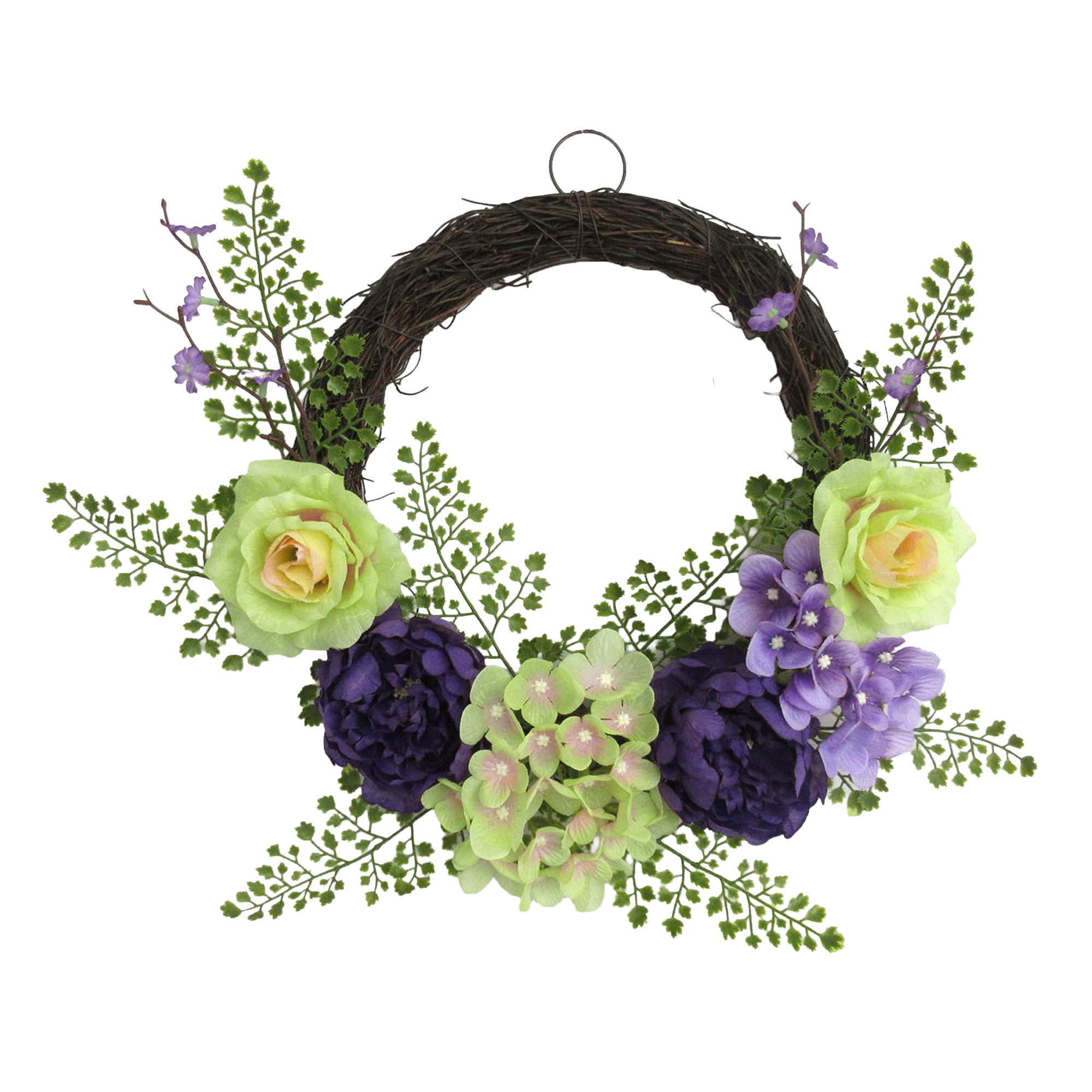 WREATH 18" PEONY, ROSE, HYDRANGEA & FERN PURPLE/LIGHT GREEN ON VINE BASE