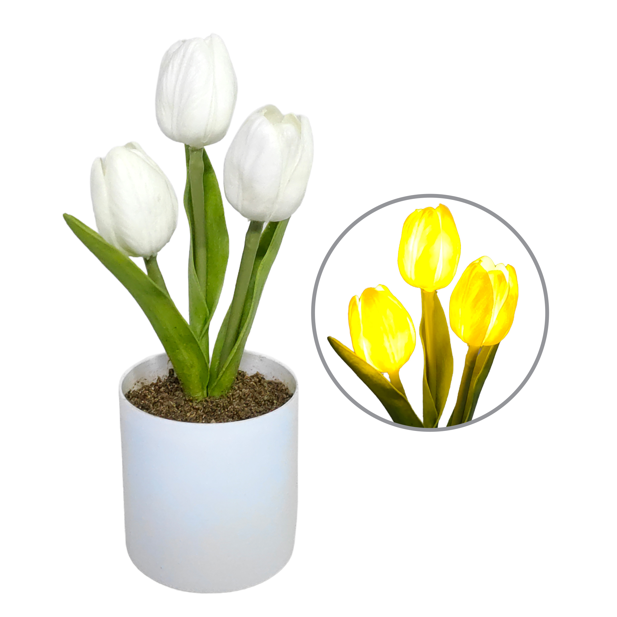 LIGHTED TULIPS 3X9" WHITE REAL-TOUCH 2AAA W/TIMER WHITE POT