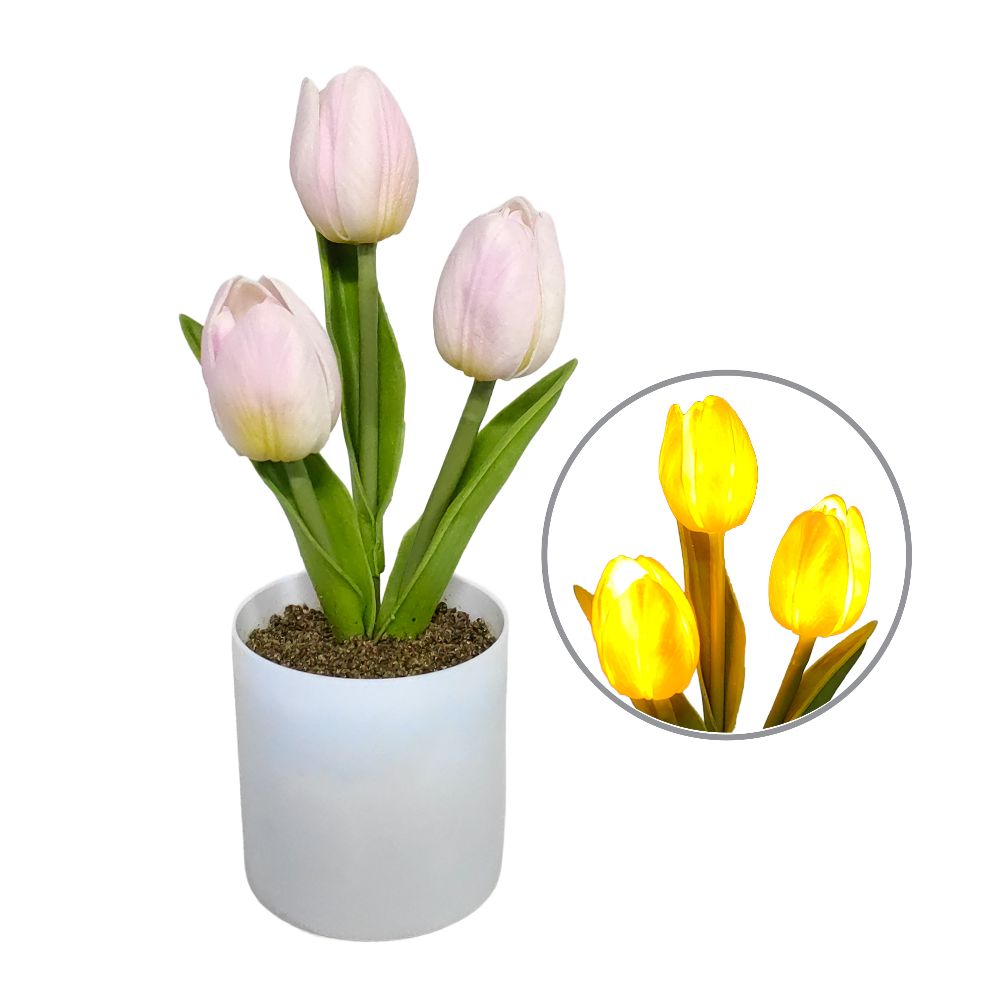 LIGHTED TULIPS 3X9" PINK REAL-TOUCH 2AAA W/TIMER WHITE POT