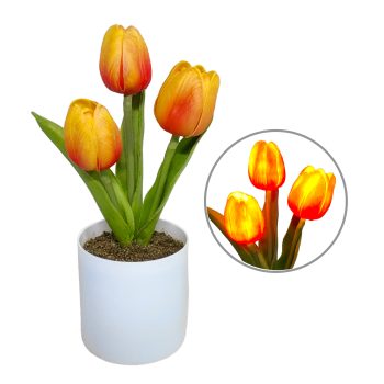 LIGHTED TULIPS 3X9" YELLOW REAL-TOUCH 2AAA W/TIMER WHITE POT