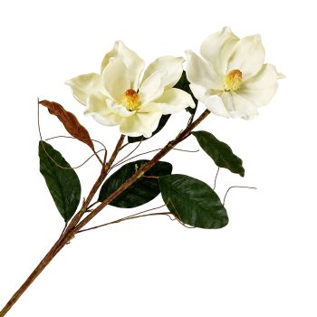 FLORAL SPRAY 2X34" WHITE MAGNOLIA W/TWO-TONE GREEN & BROWN SUEDE LEAVES