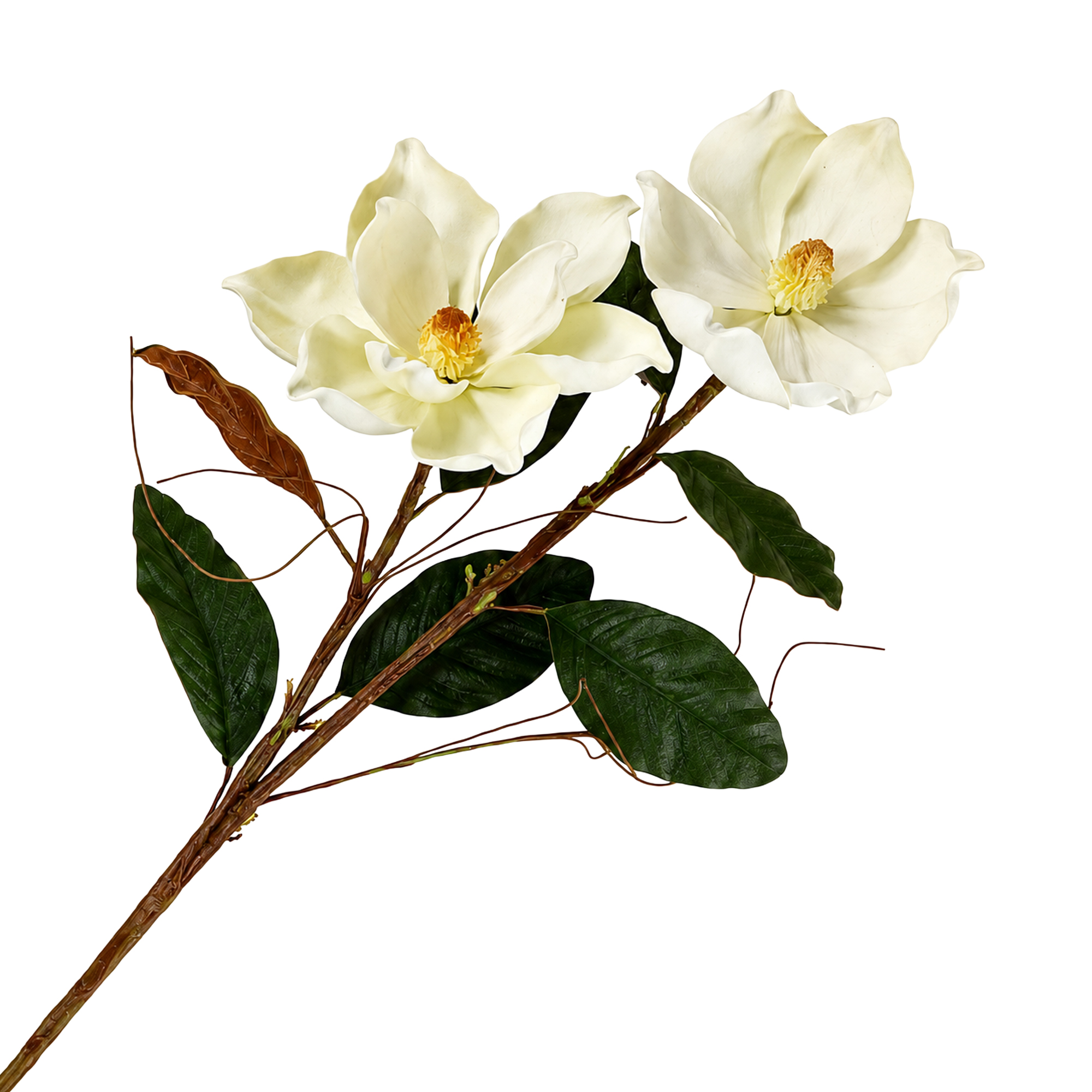 FLORAL SPRAY 2X34" WHITE MAGNOLIA W/TWO-TONE GREEN & BROWN SUEDE LEAVES