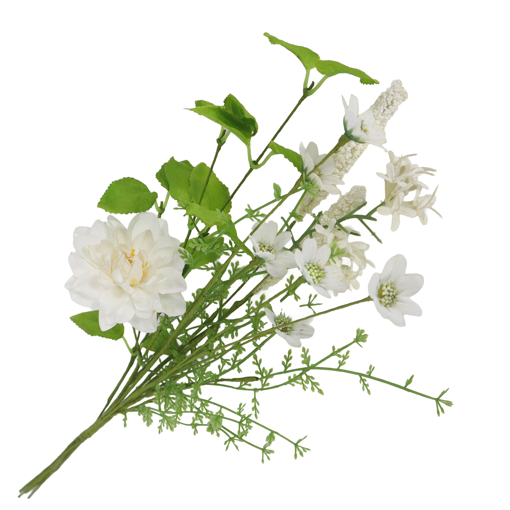 FLORAL MEDLEY 24" WHITE/LIGHT CREAM DAHLIA, COSMOS W/ASTILBE FOLIAGE & SERRATED LEAVES