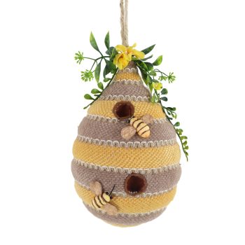 BEEHIVE HANGING DECOR 10.5" WOVEN STRIPED TEXTURE WITH KNIT BEES & FLOWERS