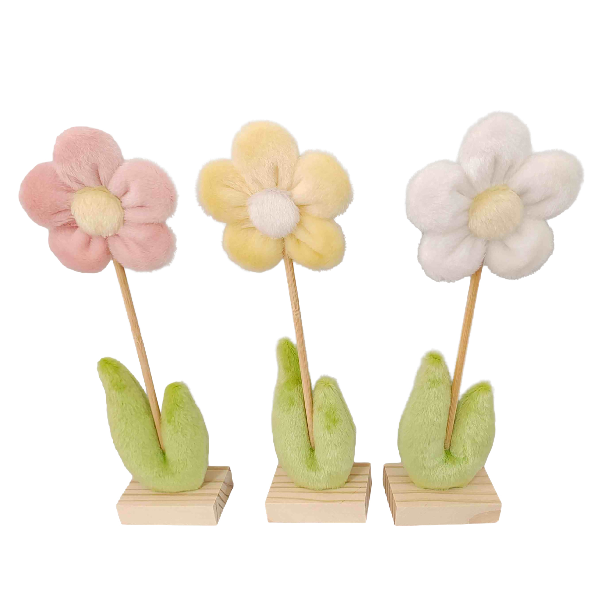 DAISY FABRIC FLOWER 12' W/BASE PASTEL PINK, WHITE, YELLOW FABRIC W/GREEN LEAVES 3 ASST.