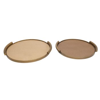 METAL AND WOOD TRAY SET 2PC RND. 16" ANTIQUE GOLD