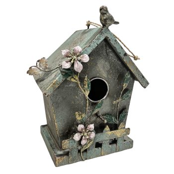 METAL BIRDHOUSE 9.5" DISTRESSED VERDIGRIS GREEN & GOLD