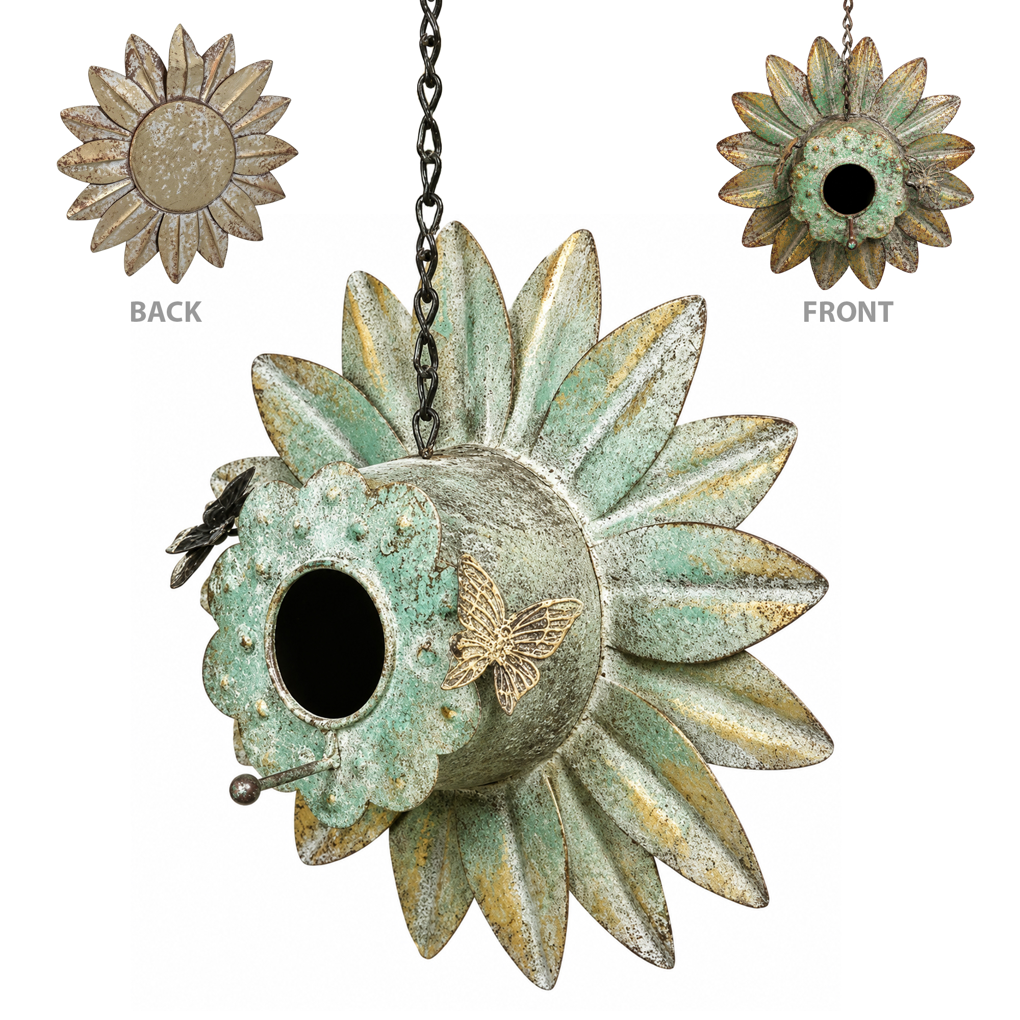 METAL SUNFLOWER BIRD HOUSE/FEEDER 9.5" ANTIQUE GOLD WITH WHITE & RUST PATINA