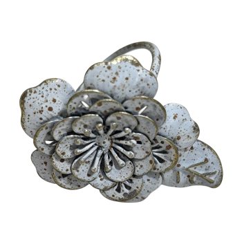 METAL FLOWER NAPKIN HOLDER 3" DISTRESSED GREYISH-WHITE W/GOLD/BROWN SPECKLES