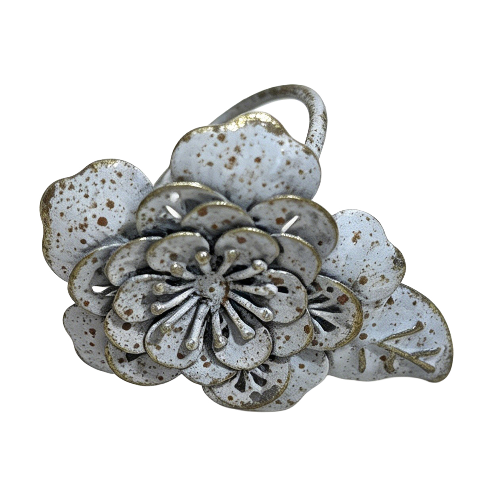 METAL FLOWER NAPKIN HOLDER 3" DISTRESSED GREYISH-WHITE W/GOLD/BROWN SPECKLES