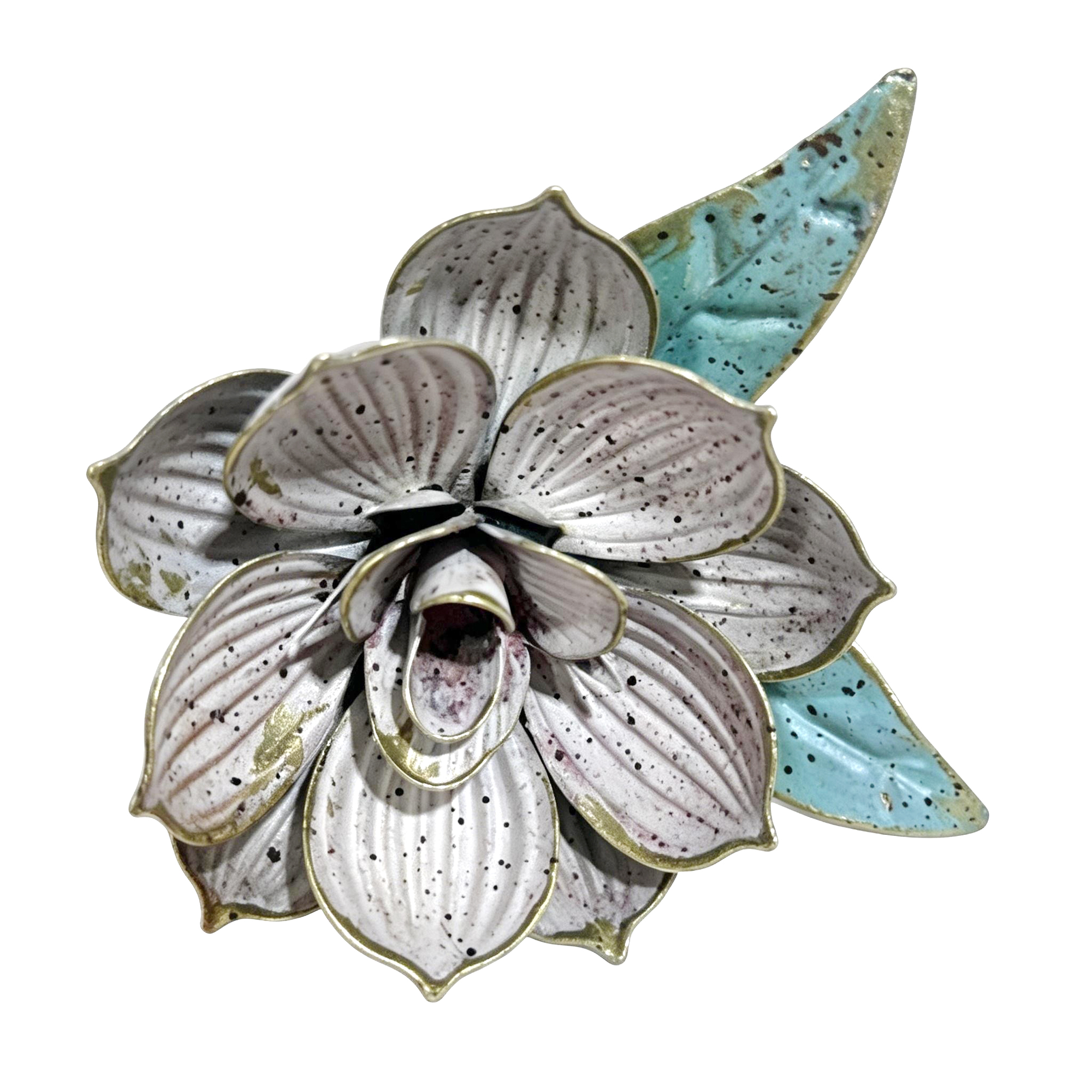METAL FLOWER NAPKIN HOLDER 3" DISTRESSED SPECKLED PINKISH-WHITE W/TEAL GREEN LEAVES