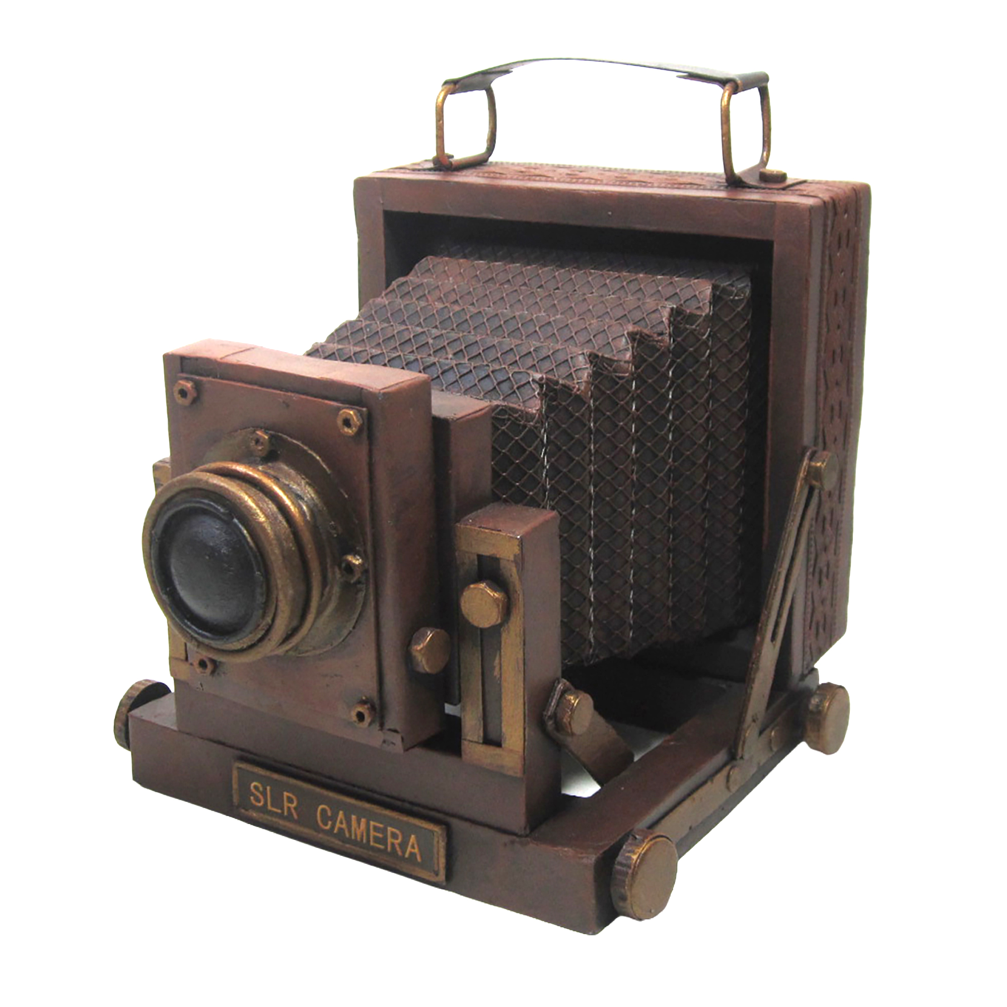VINTAGE SLR CAMERA 8"X6.5" BROWN METAL VINTAGE REPLICA W/EXPANDABLE BELLOWS & HANDLE