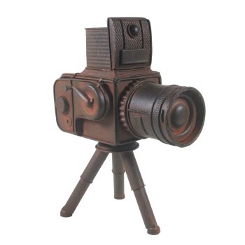 VINTAGE VIDEO CAMERA 7"X9.5" RUBIGINOUS METAL VINTAGE REPLICA ON FIXED TRIPOD BASE