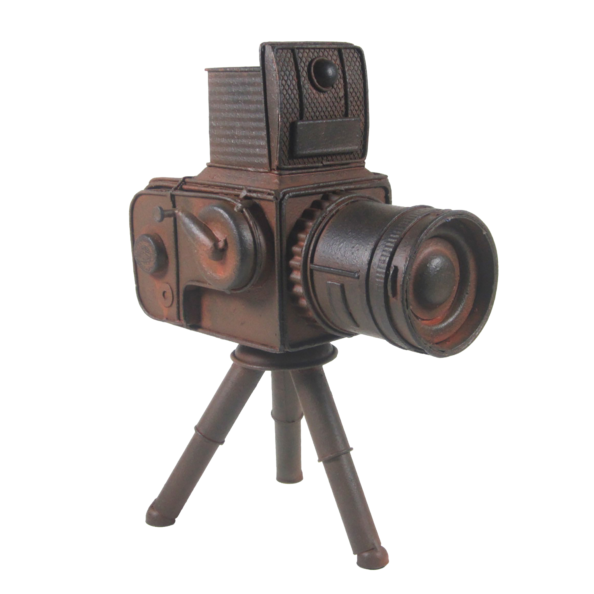 VINTAGE VIDEO CAMERA 7"X9.5" RUBIGINOUS METAL VINTAGE REPLICA ON FIXED TRIPOD BASE