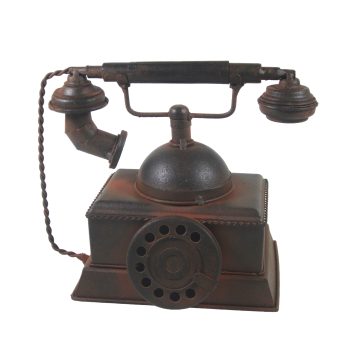 VINTAGE TELEPHONE COIN BANK 8"X7" RUBIGINOUS METAL ANTIQUE STYLE ROTARY PHONE REPLICA W/TWISTED CORD