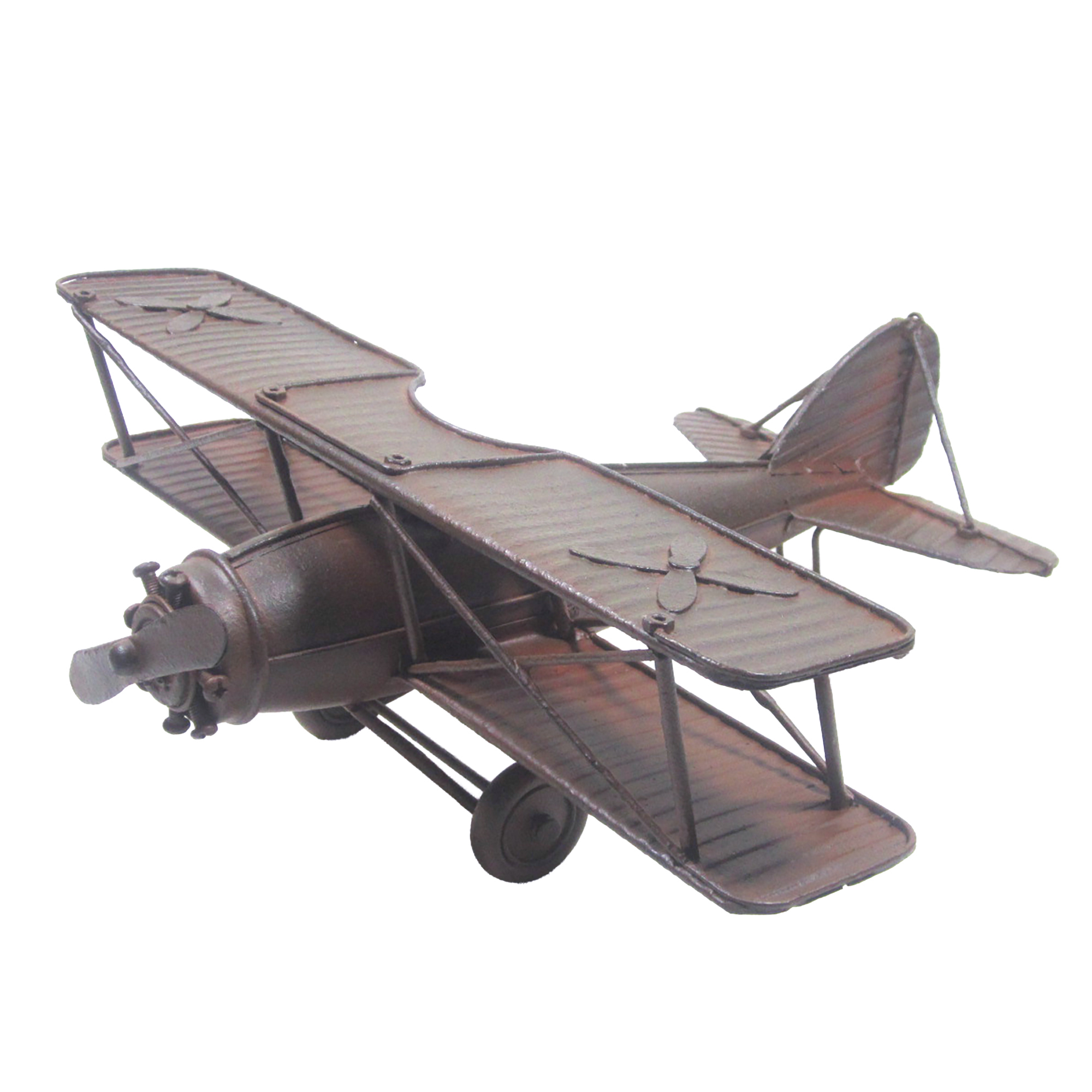VINTAGE AIRPLANE 11.5"X4.5" RUBIGINOUS METAL VINTAGE BIPLANE MODEL REPLICA W/PROPELLER