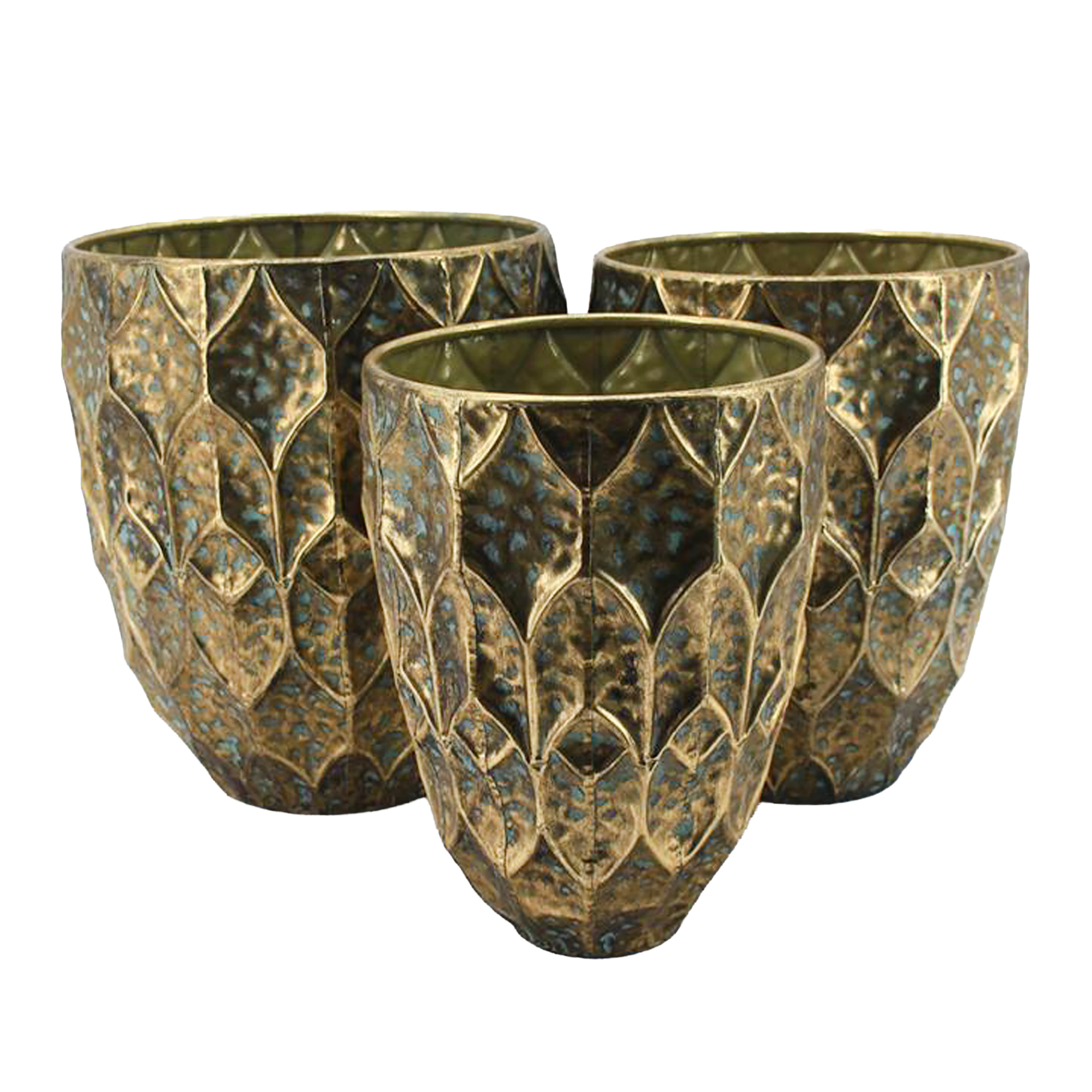 METAL POT 3PC 13.5"/14.5"/15.5" ANTIQUE GREEN/GOLD FINISH