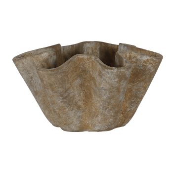 CEMENT BOWL 5.5"H WAVY- RIM MUTED BEIGE W/STONE TEXTURE