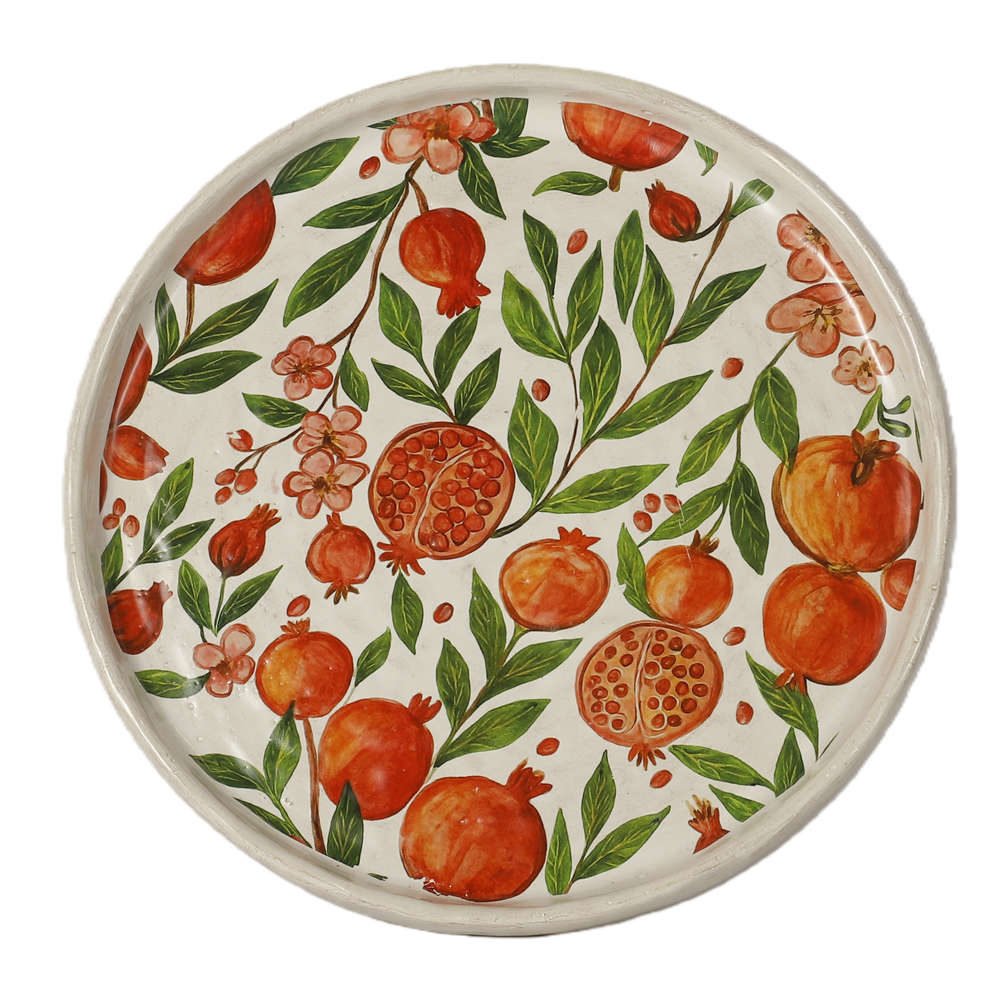 CEMENT TRAY 13"W CRIMSON POMEGRANATE/GREEN FOILAGE CREAM TRAY