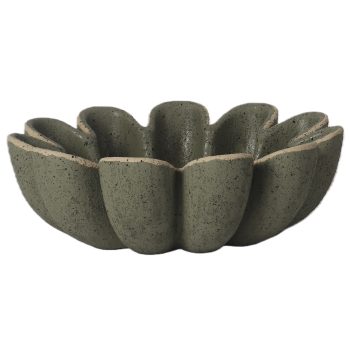 CEMENT BOWL 4"HX12" PETAL DESIGN W MOSS GREEN W/BLACK SPECKLED TEXTURE