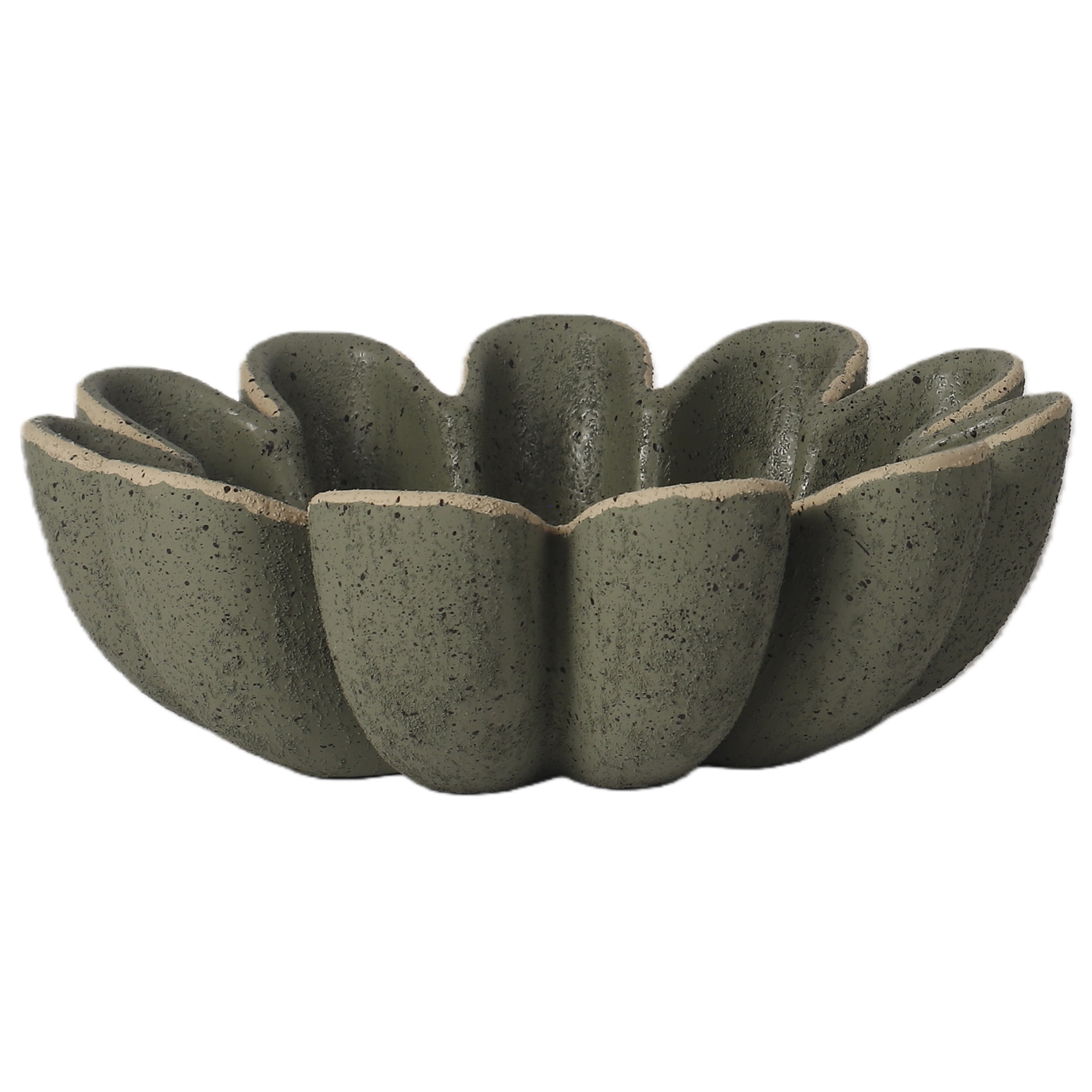 CEMENT BOWL 4"HX12" PETAL DESIGN W MOSS GREEN W/BLACK SPECKLED TEXTURE